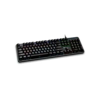 1 Vista frontal del teclado mecánico gamer Meetion MK007 color negro con retroiluminación LED encendida sobre fondo blanco.