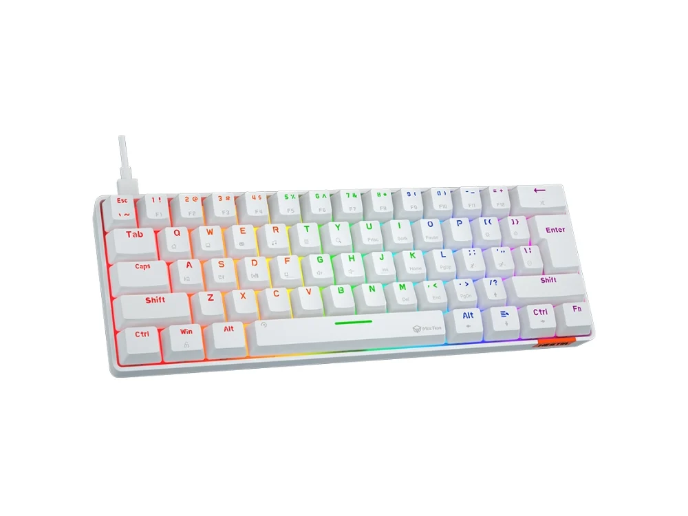 1 Vista frontal del teclado mecánico gamer Meetion MK005 blanco formato 60% con retroiluminación LED encendida sobre fondo blanco.