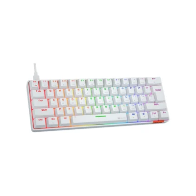 1 Vista frontal del teclado mecánico gamer Meetion MK005 blanco formato 60% con retroiluminación LED encendida sobre fondo blanco.