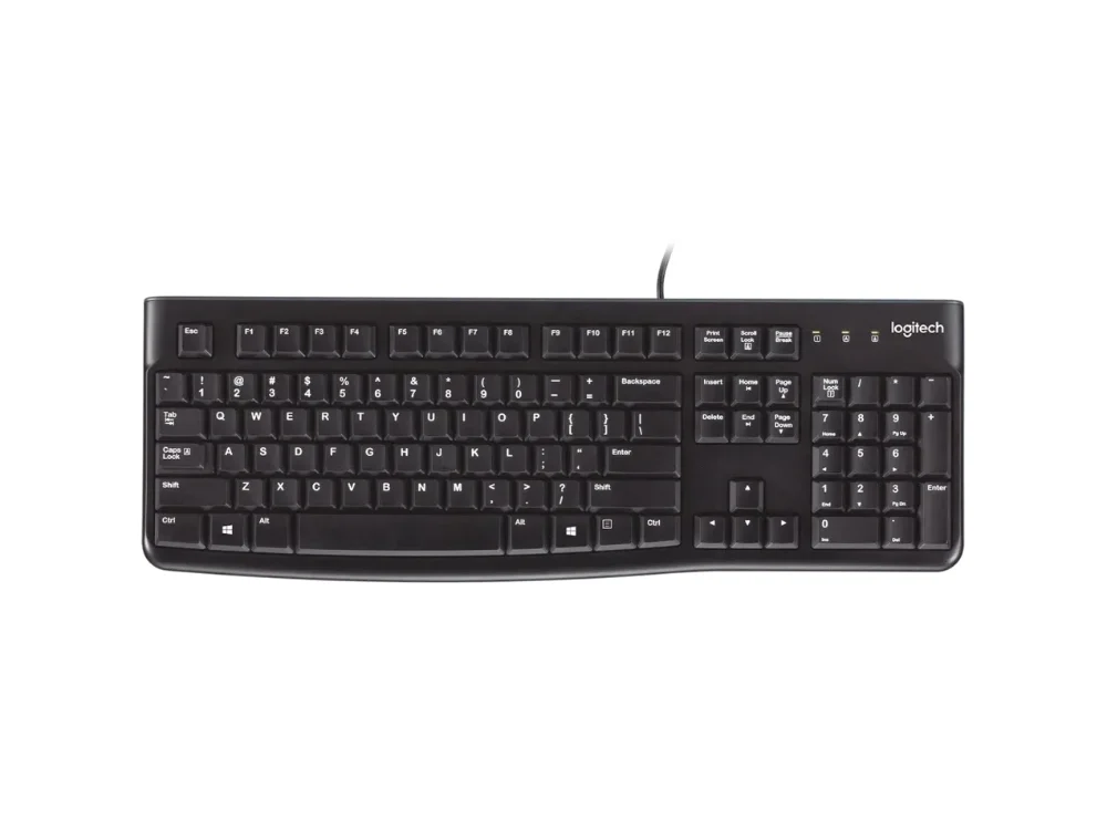 Vista frontal del teclado alámbrico Logitech K120 color negro con distribución en español sobre fondo blanco.