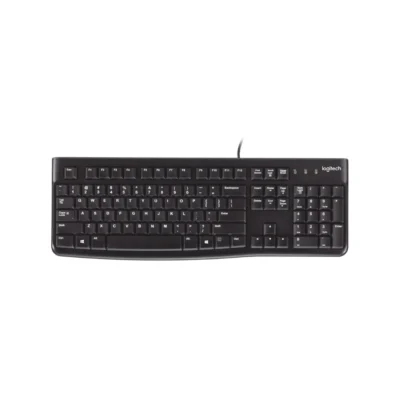 Vista frontal del teclado alámbrico Logitech K120 color negro con distribución en español sobre fondo blanco.
