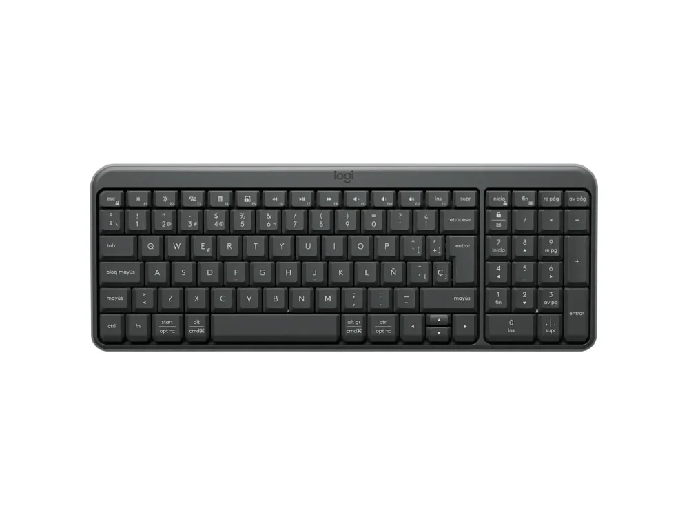 Vista frontal del teclado inalámbrico Logitech K250 color grafito con diseño compacto y teclado numérico sobre fondo blanco.