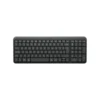 Vista frontal del teclado inalámbrico Logitech K250 color grafito con diseño compacto y teclado numérico sobre fondo blanco.