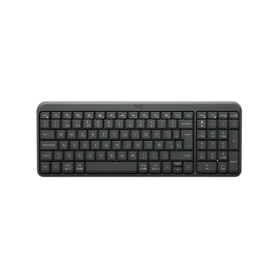 Vista frontal del teclado inalámbrico Logitech K250 color grafito con diseño compacto y teclado numérico sobre fondo blanco.
