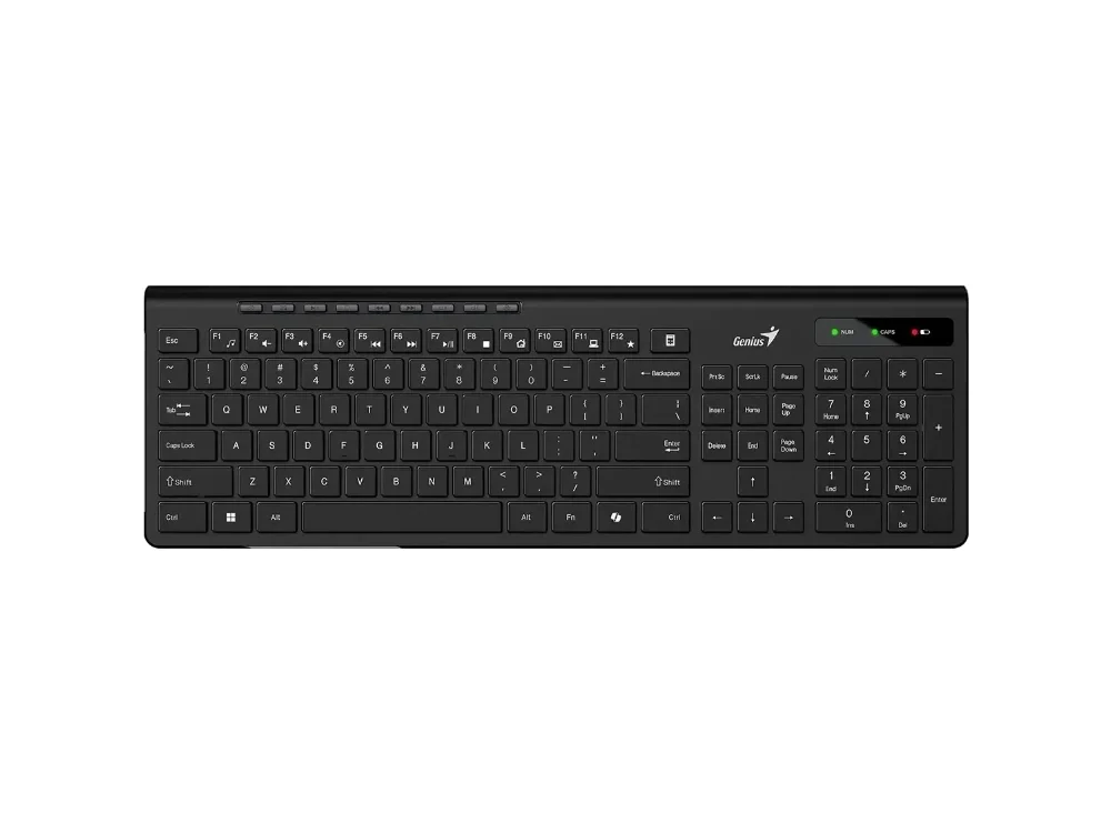 Vista frontal del teclado inalámbrico Genius SlimStar 7230 color negro con teclas tipo chocolate sobre fondo blanco.