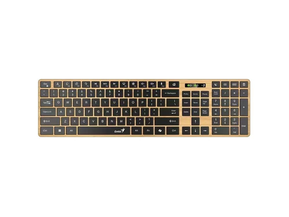 Vista frontal del teclado empresarial multidevice Genius SlimStar 7250BT con diseño estilo pino nórdico sobre fondo blanco.