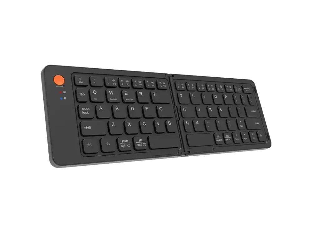Vista frontal del teclado plegable Bluetooth Meetion BTK001 color negro desplegado sobre fondo blanco.