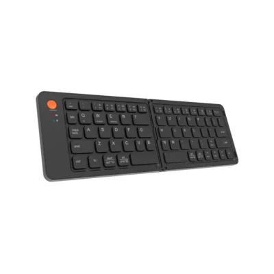 Vista frontal del teclado plegable Bluetooth Meetion BTK001 color negro desplegado sobre fondo blanco.