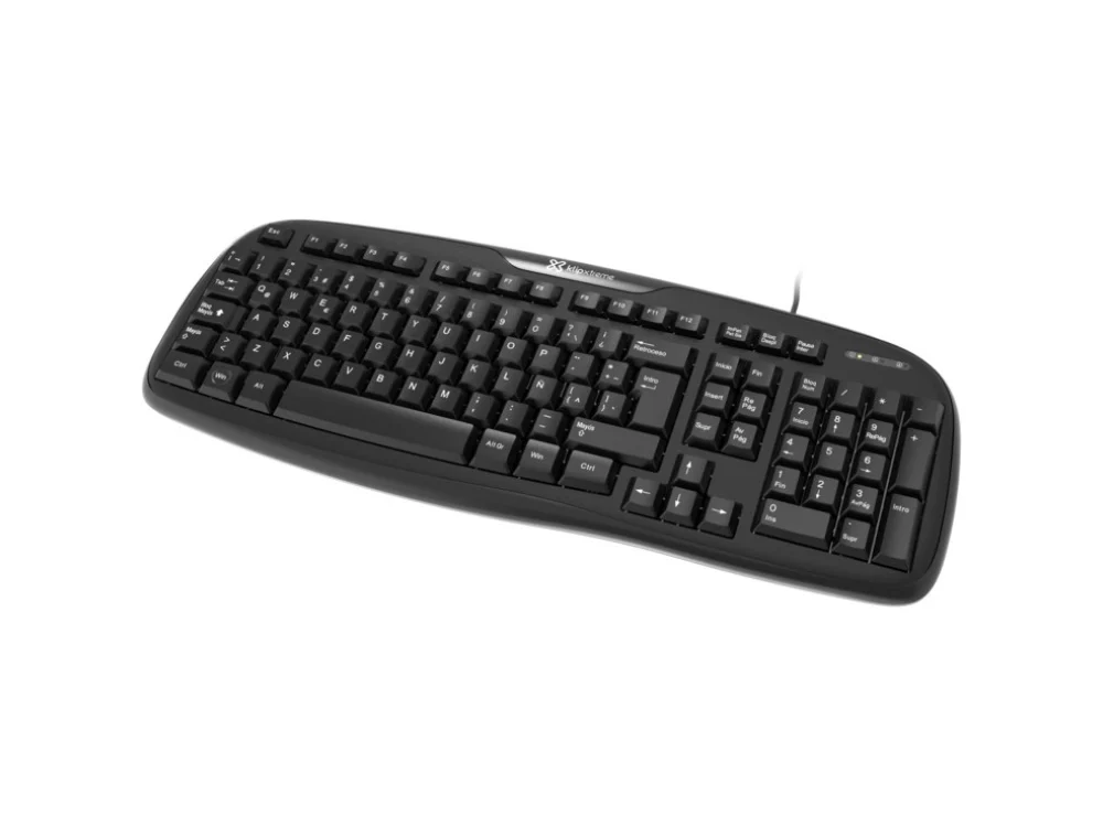 Vista frontal del teclado alámbrico de oficina Klip Xtreme Stylus KKS-050S color negro en español sobre fondo blanco.