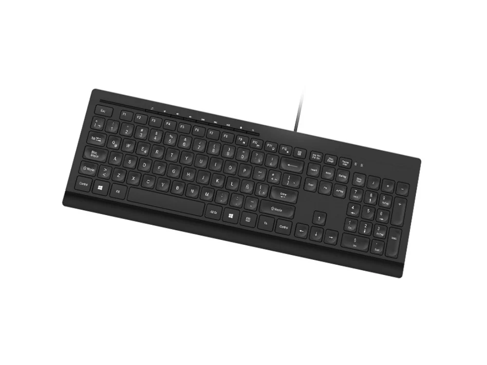 Vista frontal del teclado alámbrico Klip Xtreme Compass KKM-252S color negro con distribución en español sobre fondo blanco.