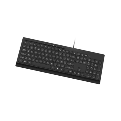 1 Vista frontal del teclado alámbrico Klip Xtreme Compass KKM-252S color negro con distribución en español sobre fondo blanco.