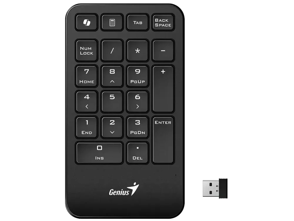 Vista frontal del teclado numérico inalámbrico Genius NumPad 1000 color negro con su receptor USB sobre fondo blanco.
