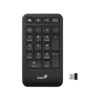 1 Vista frontal del teclado numérico inalámbrico Genius NumPad 1000 color negro con su receptor USB sobre fondo blanco.