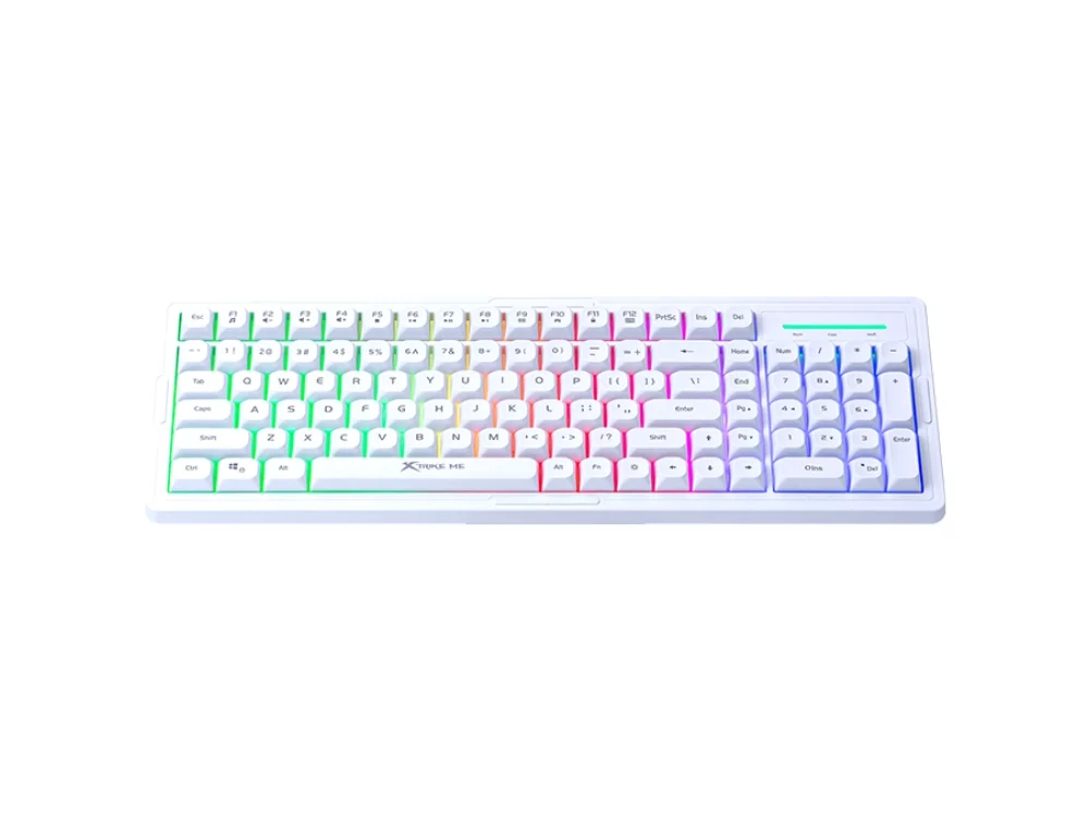 1 Vista frontal del teclado gamer Xtrike Me KB-309 WH color blanco con retroiluminación Rainbow encendida sobre fondo blanco.