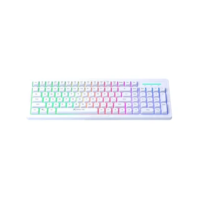 1 Vista frontal del teclado gamer Xtrike Me KB-309 WH color blanco con retroiluminación Rainbow encendida sobre fondo blanco.