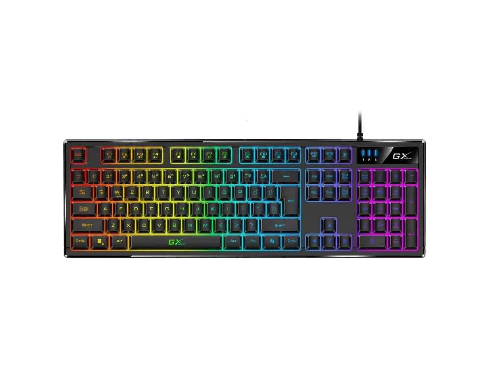 Vista frontal del teclado gamer Genius Scorpion K7 negro con retroiluminación RGB encendida sobre fondo blanco.