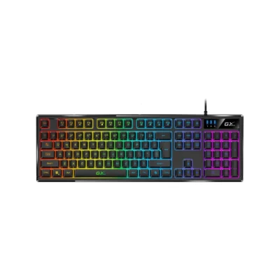 Vista frontal del teclado gamer Genius Scorpion K7 negro con retroiluminación RGB encendida sobre fondo blanco.