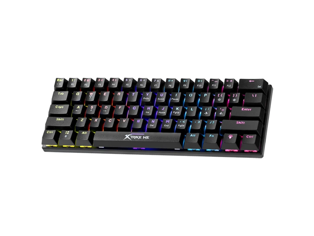 1 Vista frontal del teclado mecánico gamer Xtrike Me GK-916 formato 60% con retroiluminación Rainbow encendida sobre fondo blanco.