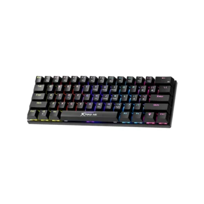 Vista frontal del teclado mecánico gamer Xtrike Me GK-916 formato 60% con retroiluminación Rainbow encendida sobre fondo blanco.