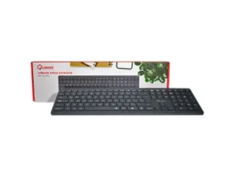 1 Vista frontal del teclado inalámbrico de oficina Quasad QK-SlimPro color negro con diseño ultradelgado sobre fondo blanco.