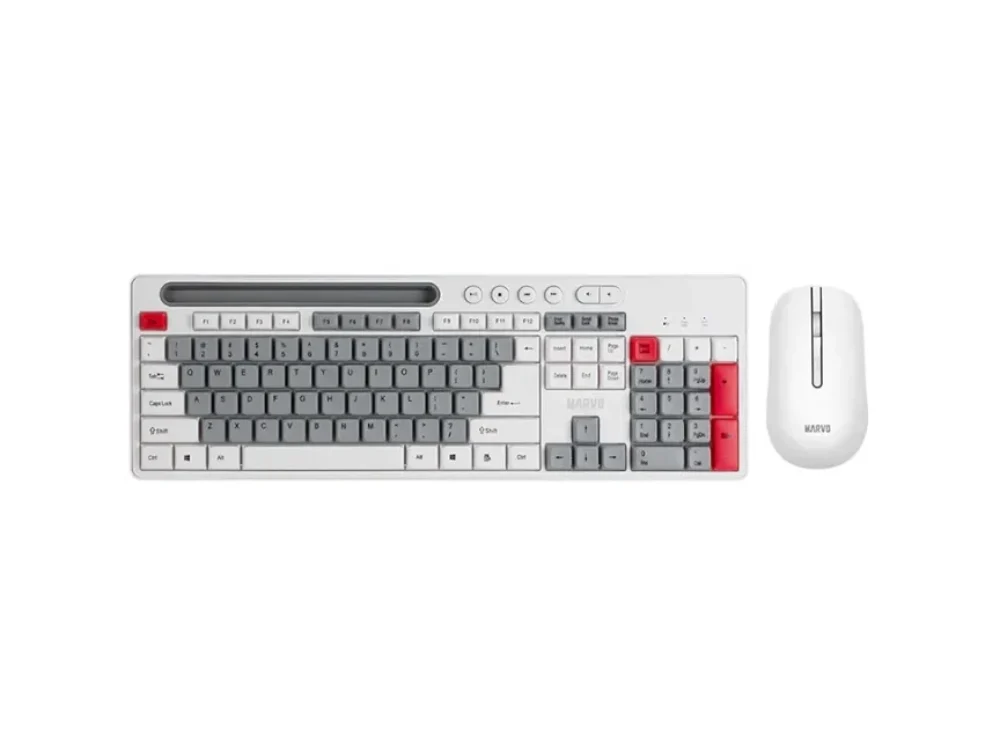 1 Vista frontal del combo de teclado y mouse inalámbrico Marvo WS009 con teclas color blanco, gris y rojo sobre fondo blanco.