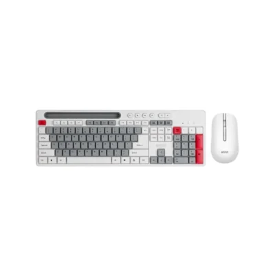 1 Vista frontal del combo de teclado y mouse inalámbrico Marvo WS009 con teclas color blanco, gris y rojo sobre fondo blanco.