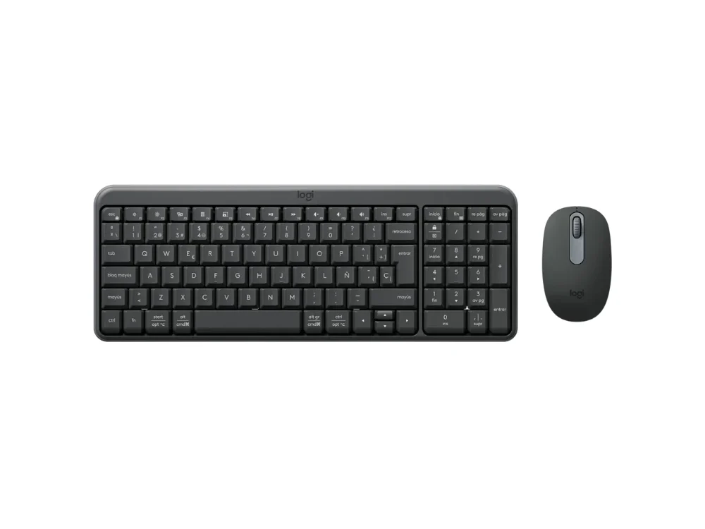 1 Vista frontal del combo de teclado y mouse inalámbrico Bluetooth Logitech MK250 color grafito sobre fondo blanco.