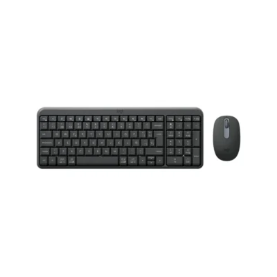 Vista frontal del combo de teclado y mouse inalámbrico Bluetooth Logitech MK250 color grafito sobre fondo blanco.