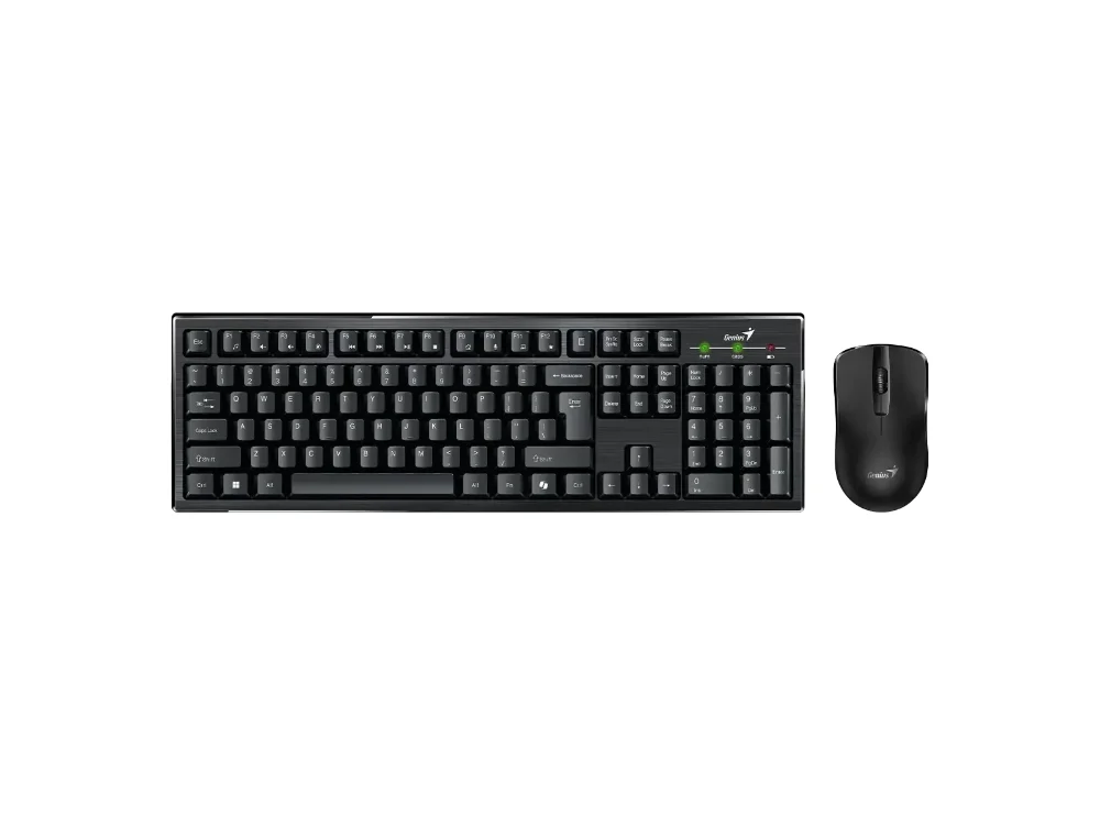 1 Vista frontal del combo inalámbrico Genius KM-8101 mostrando el teclado completo negro y el ratón óptico sobre fondo blanco.