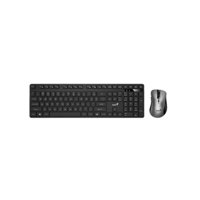 Vista frontal del combo de teclado y mouse inalámbrico silencioso Genius KM-8216S color negro sobre fondo blanco.