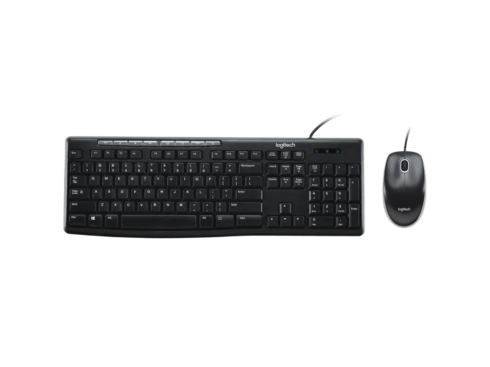 1 Vista frontal del combo de teclado y mouse alámbrico Logitech MK200 Media color negro sobre fondo blanco.
