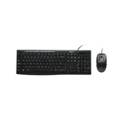 1 Vista frontal del combo de teclado y mouse alámbrico Logitech MK200 Media color negro sobre fondo blanco.