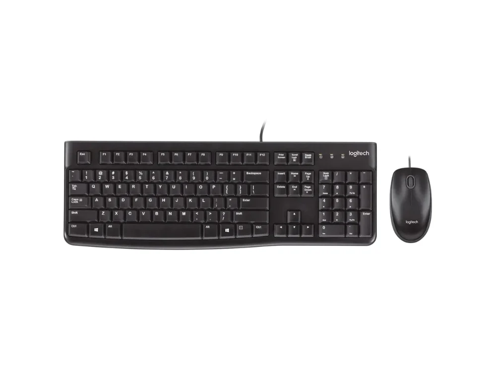 1 Vista frontal del combo alámbrico de teclado y mouse Logitech MK120 color negro sobre fondo blanco.
