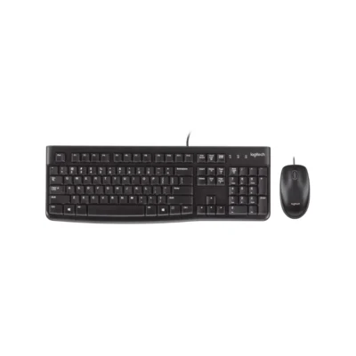 1 Vista frontal del combo alámbrico de teclado y mouse Logitech MK120 color negro sobre fondo blanco.