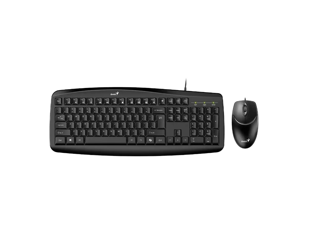 1 Vista frontal del combo alámbrico Genius Smart KM-200 mostrando el teclado negro con reposamuñecas y el ratón óptico sobre fondo blanco.