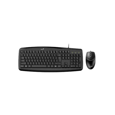1 Vista frontal del combo alámbrico Genius Smart KM-200 mostrando el teclado negro con reposamuñecas y el ratón óptico sobre fondo blanco.