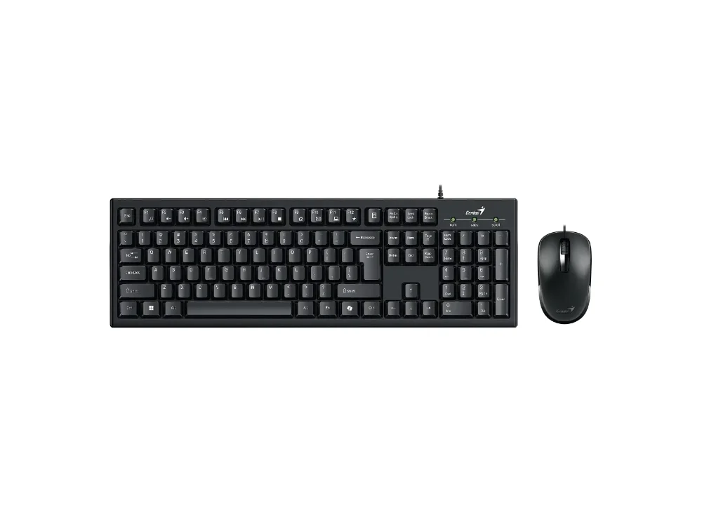 1 Vista frontal del combo alámbrico de teclado y mouse Genius KM-100SE color negro sobre fondo blanco.
