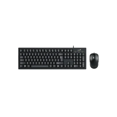 Vista frontal del combo alámbrico de teclado y mouse Genius KM-100SE color negro sobre fondo blanco.