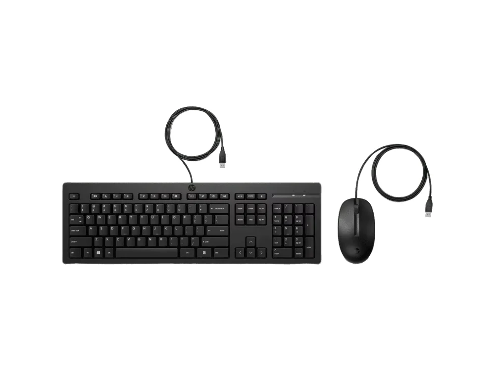 1 Vista frontal del combo de teclado y mouse alámbrico HP 225 color negro sobre fondo blanco.