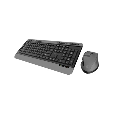 Vista frontal del combo de teclado y mouse inalámbrico premium Klip Xtreme Magnifik KBK-520 color negro con borde inferior plateado sobre fondo blanco.