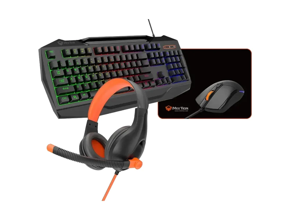 Vista frontal del kit gamer 4 en 1 Meetion C490 mostrando el teclado retroiluminado, mouse, auriculares y alfombrilla sobre fondo blanco.