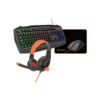 1 Vista frontal del kit gamer 4 en 1 Meetion C490 mostrando el teclado retroiluminado, mouse, auriculares y alfombrilla sobre fondo blanco.