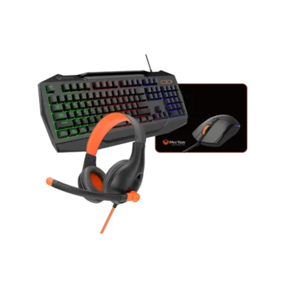 1 Vista frontal del kit gamer 4 en 1 Meetion C490 mostrando el teclado retroiluminado, mouse, auriculares y alfombrilla sobre fondo blanco.