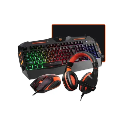 1 Vista frontal del kit gamer 4 en 1 Meetion C500 mostrando el teclado retroiluminado, mouse de 3200 DPI, auriculares y alfombrilla sobre fondo blanco.