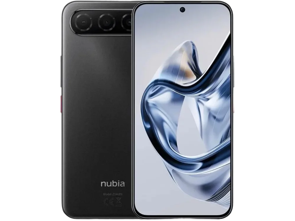 Celular Nubia Air color negro visto de frente mostrando su pantalla curva AMOLED de 6.78 pulgadas sobre fondo blanco.