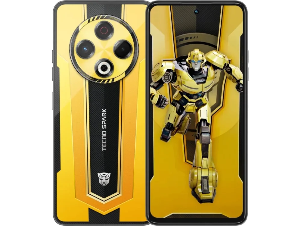 Celular TECNO Spark 30 Bumblebee Edition visto de frente mostrando su pantalla IPS LCD FHD+ con un fondo de pantalla del personaje sobre fondo blanco.