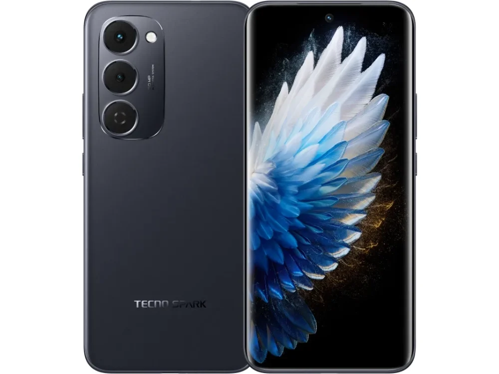 Celular TECNO Spark 40 Pro+ color gris visto de frente mostrando su pantalla AMOLED curva de 6.78 pulgadas sobre fondo blanco.
