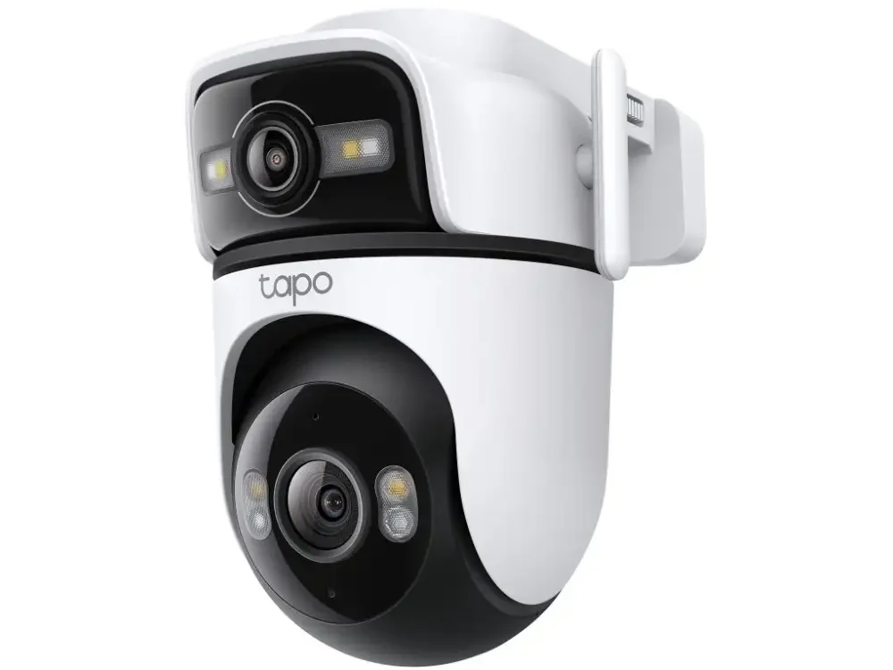 1 Cámara de seguridad WiFi Tapo C545D vista frontal mostrando su doble lente 2K y diseño motorizado para exteriores.