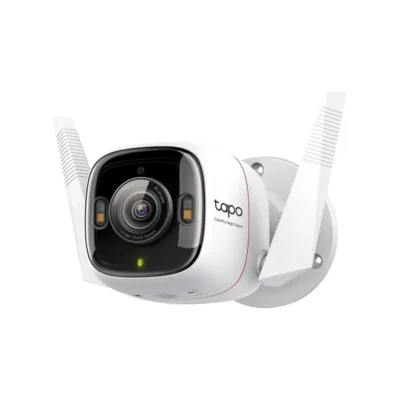 Cámara de seguridad WiFi exterior TP-Link Tapo C325WB vista frontal con antenas, destacando su diseño a prueba de agua y lente 2K.
