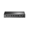 2 Panel frontal del Switch PoE TP-Link TL-SF1009P mostrando sus 9 puertos y los interruptores de Modo Aislamiento y Largo Alcance